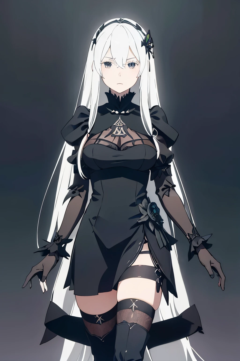 "Echidna from Re:Zero, white-haired witch, long flowing hair, wearing Yorha 2B's outfit from Nier: Automata, black gothic lolita dress, elegant and mysterious, with a confident and serene expression."
