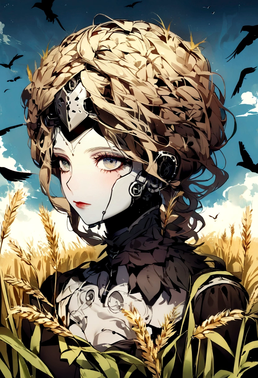 The portrait of a beautiful android in the shape of a woman nailed to a stake in the middle of a wheat field like a scarecrow and crows flying,