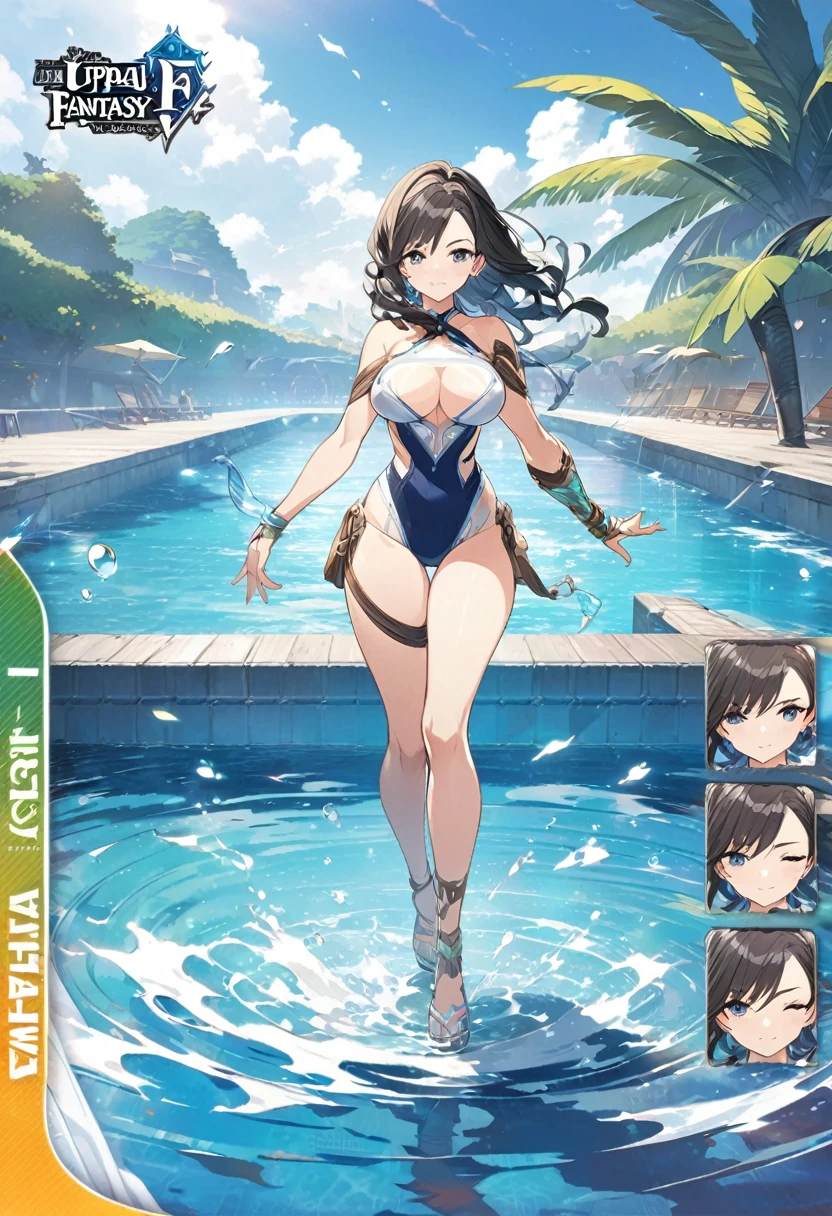 a woman in a bathing suit next to a pool, splash art anime , full art, zhao yun, oppai proportions, official character art, ultra detailed female android, anime girl walking on water, arena background, tsuaii, full art illustration, anime woman fullbody art, official splash art, is wearing a swimsuit, natalie from epic battle fantasy