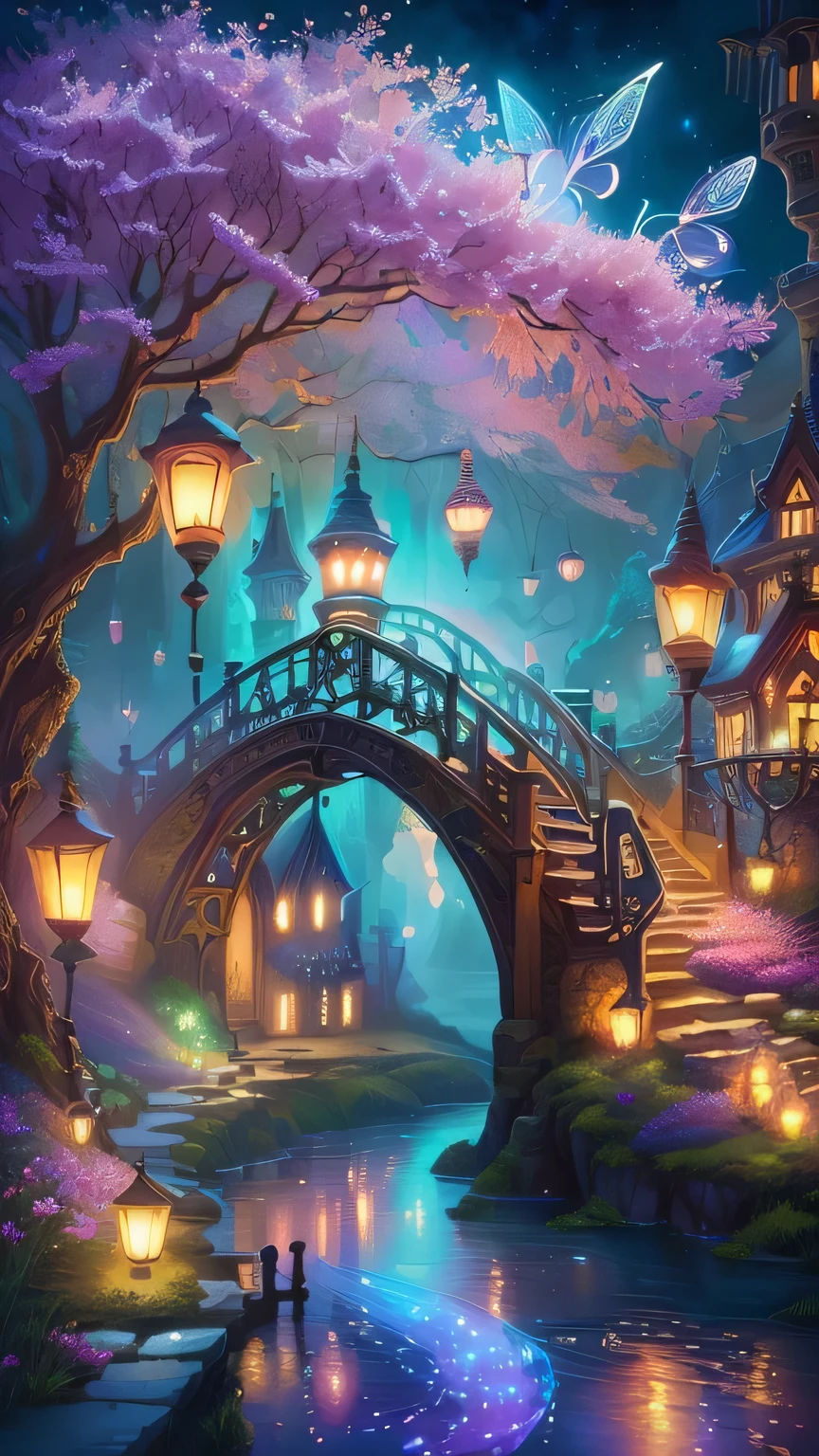 a painting of a bridge with lanterns and a fairy castle, Fairyland Bridge, magic background, detailed fantasy digital art, whimsical fantasy landscape art, very magical and dreamy, magical colors and atmosphere, magic fairy background, beautiful art uhd 4k, magical environment, magical colors and atmosphere, beautiful fantasy painting, beautiful detailed fantasy, a bustling magical town