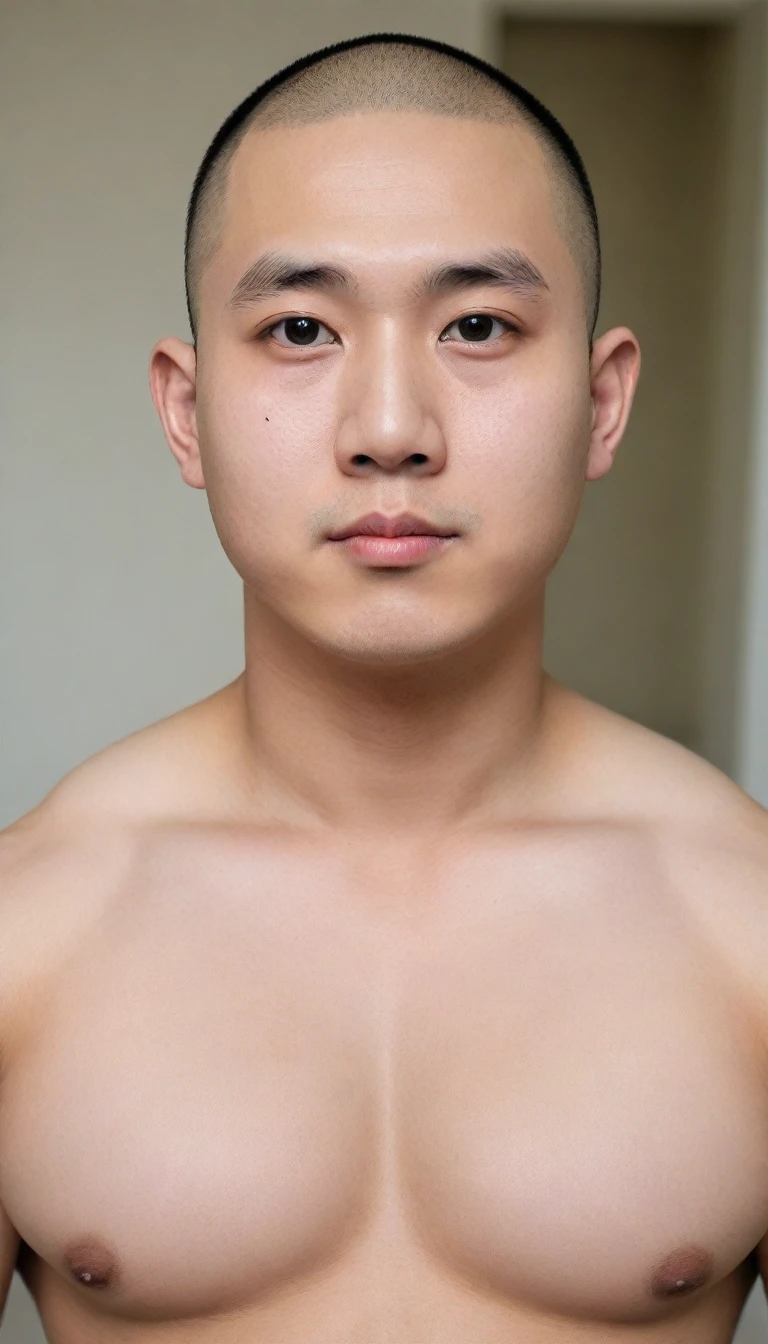 HIRO,Asian cute fat man,big eyes,bald head,round face,20 years old,very developed chest muscles,short chin,*********,tall man,looking at the camera,no coat,bare upper body,oriental man,front photo,