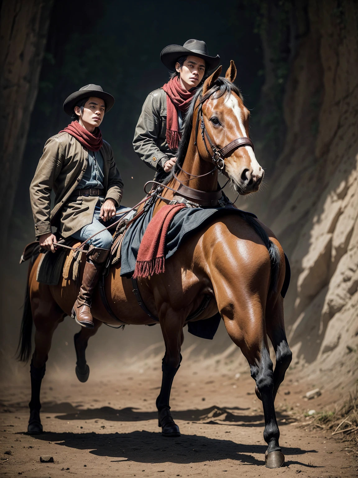 A detailed painting of a man riding a horse. The man wears a small-brimmed black hat, a red scarf around his neck, a poncho that is dark blue on the outside and red on the inside, black boots, traditional bombacha pants, and a button-up shirt. The horse is brown and has an elegant, imposing posture. The background has soft tones that highlight the rider and his horse. Realistic, detailed, with a traditional and classic style