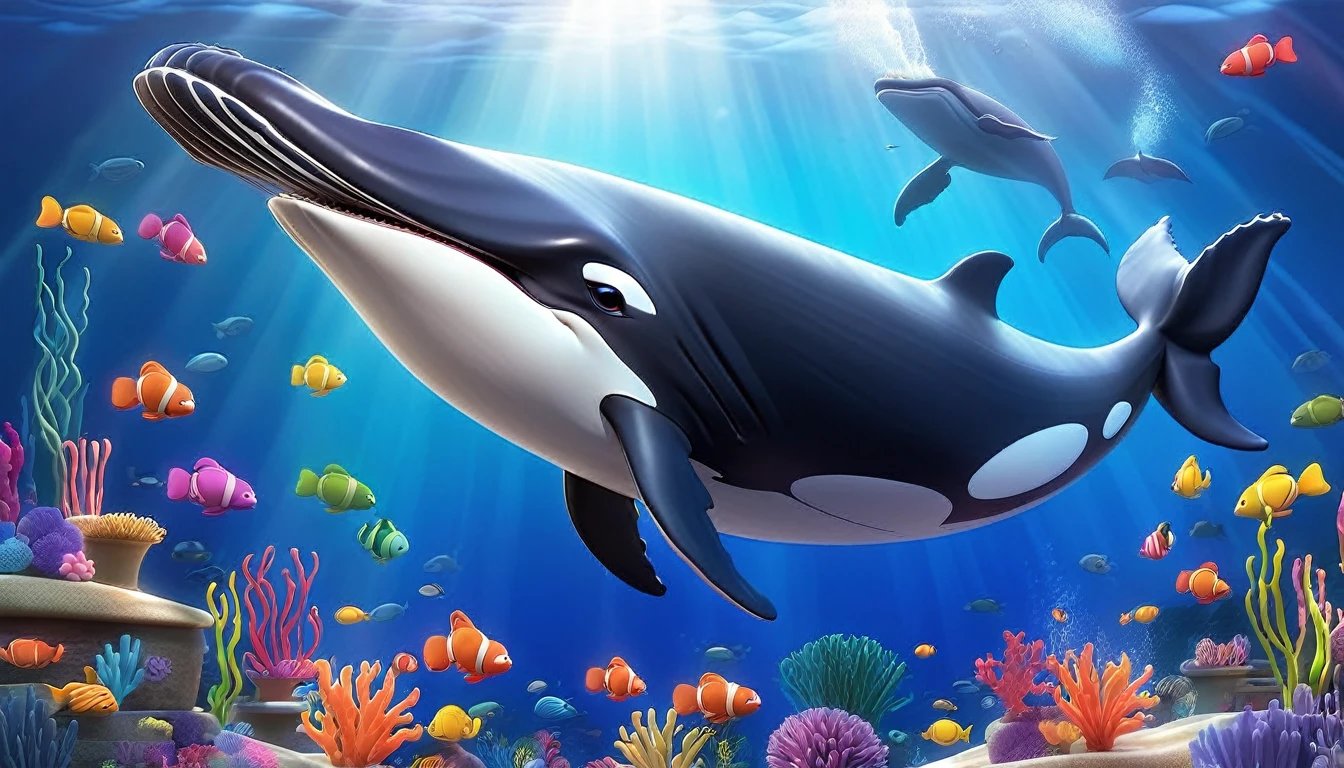 Create a 3-D Pixar style art scene for kids featuring a humpback whale singing with musical notes coming out of its blowhole. The scene should be colorful and vibrant, with an ocean background, coral reefs, and schools of fish. The overall mood should be lively and inviting for young children.