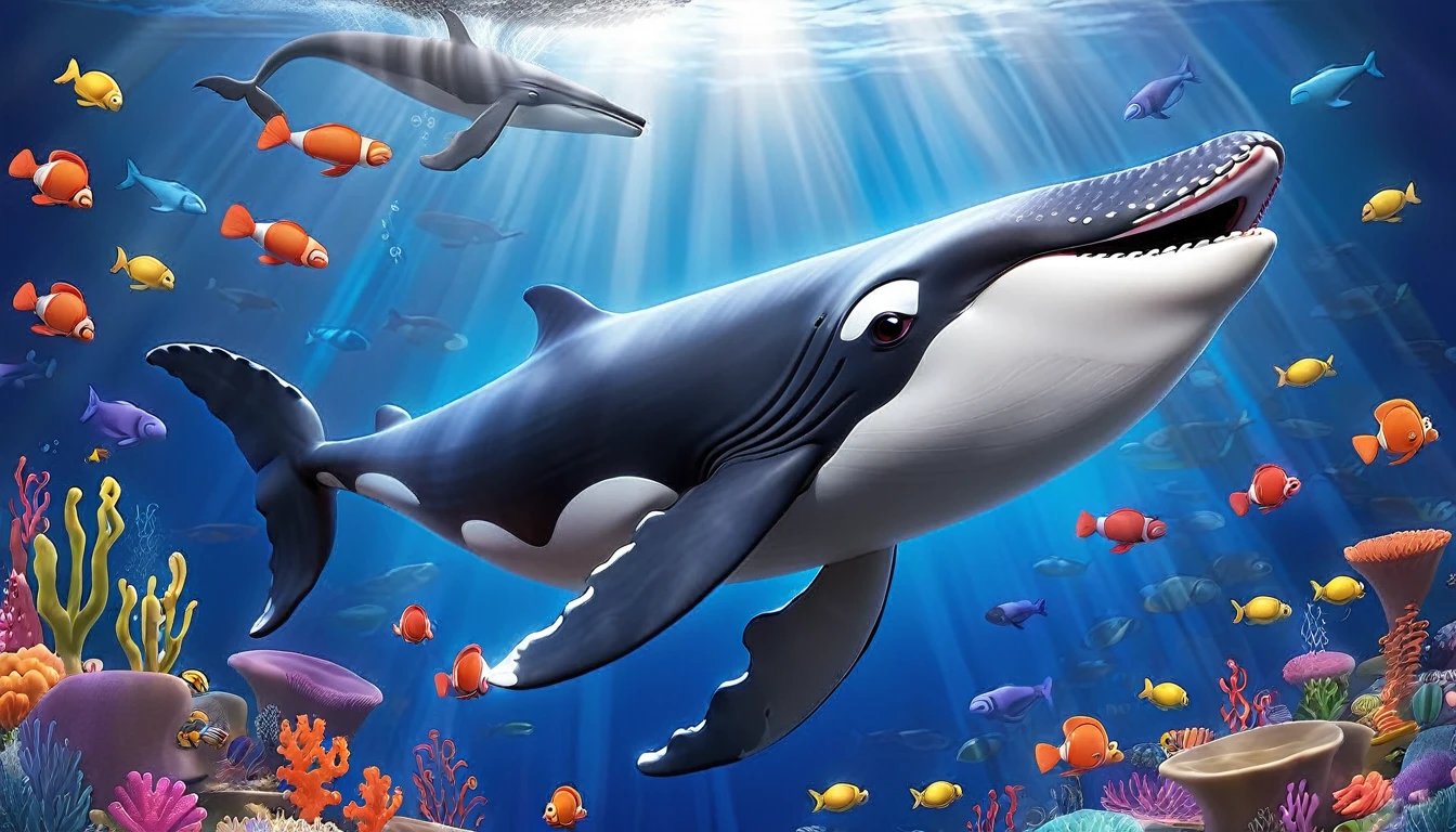 Create a 3-D Pixar style art scene for kids featuring a humpback whale singing with musical notes coming out of its blowhole. The scene should be colorful and vibrant, with an ocean background, coral reefs, and schools of fish. The overall mood should be lively and inviting for young children.