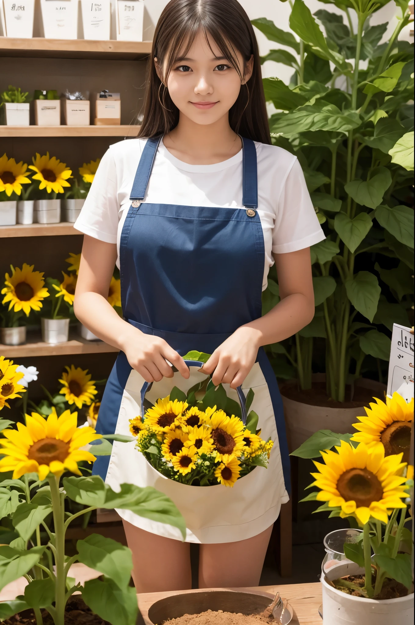 A 20-year-old girl working at a flower shop（Wearing a miniskirt and apron）have a sunflower