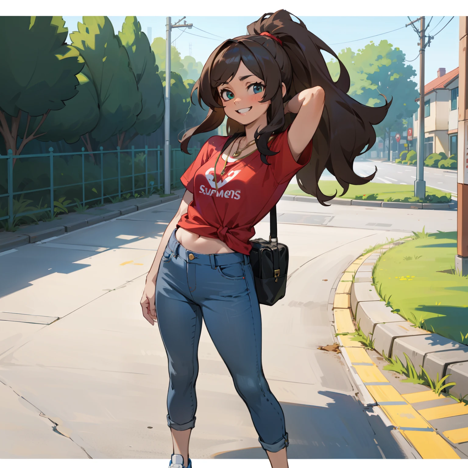 A highly detailed and realistic depiction of a young girl standing outdoors on a sunny day. She has light brown skin, long black hair tied back, and a friendly smile. She is wearing a red T-shirt with the "Supreme" logo in white across the chest, a necklace with a small pendant, blue jeans, and dark blue sneakers. The background shows a blurry street scene with people and a green fence, suggesting an urban or school environment. The lighting is natural, indicating it’s daytime. The image should be photorealistic and highly detailed, capturing the girl's cheerful expression and casual attire.