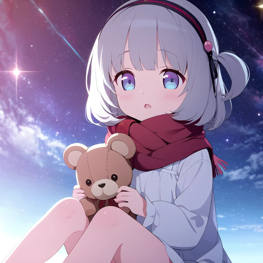 (((masterpiece))), (((best quality))),(((high detail))),light manipulation, girl with silver hair, gradient purple to sky blue eyes, wearing a white dress, a red scarf, (((li))), (((ch) , galaxy background, holding a teddy bear, feet, no footwear