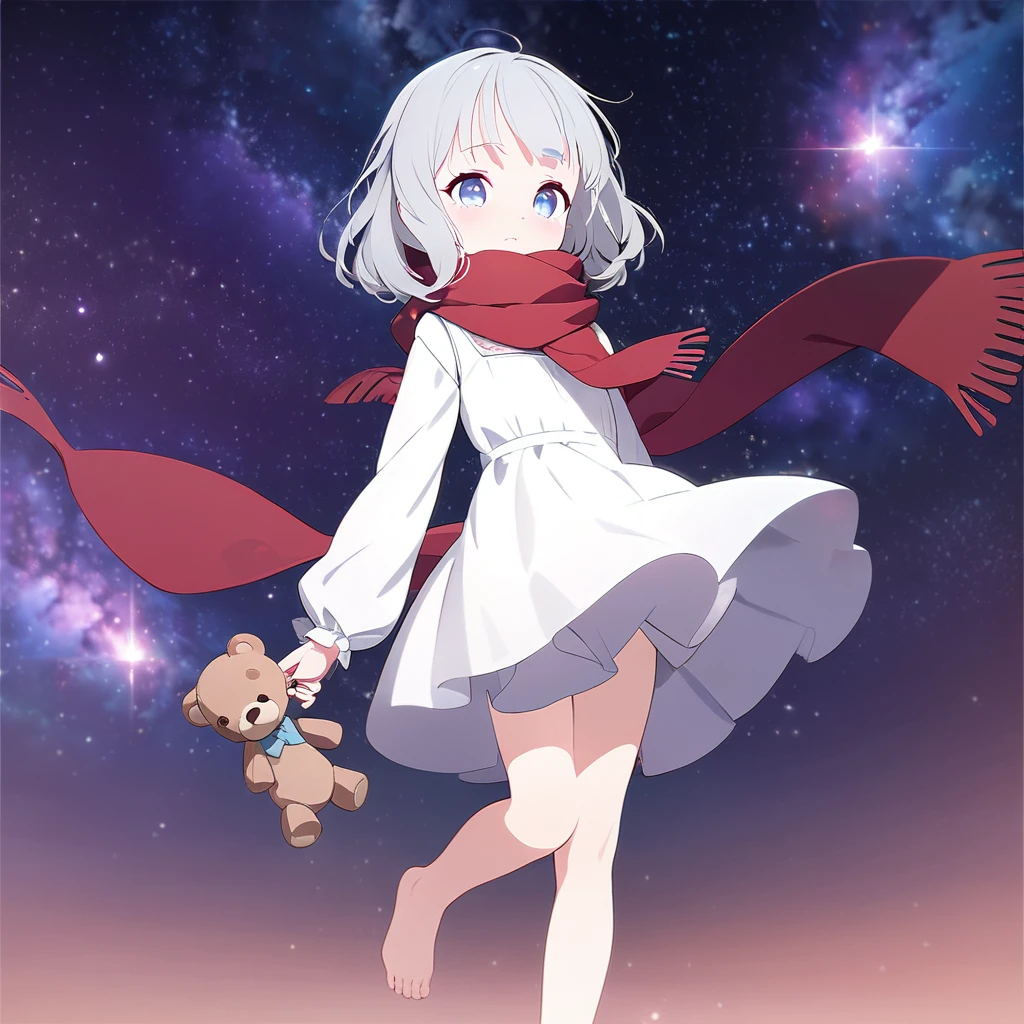 (((masterpiece))), (((best quality))),(((high detail))),light manipulation, girl with silver hair, gradient purple to sky blue eyes, wearing a white dress, a red scarf, (((loli))), (((child))) , galaxy background, holding a teddy bear, feet, no footwear