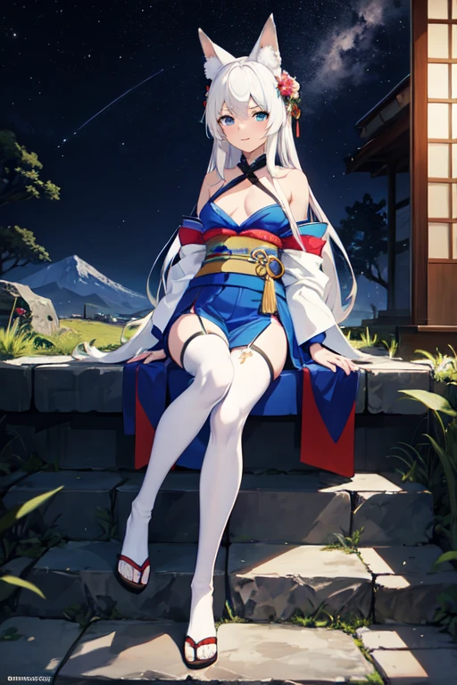 Blue eyes, white hair, long hair, slim legs, cleavage, slim waist, narrow waist, pool, happy, navel, nude, nipples , kamisato Ayaka