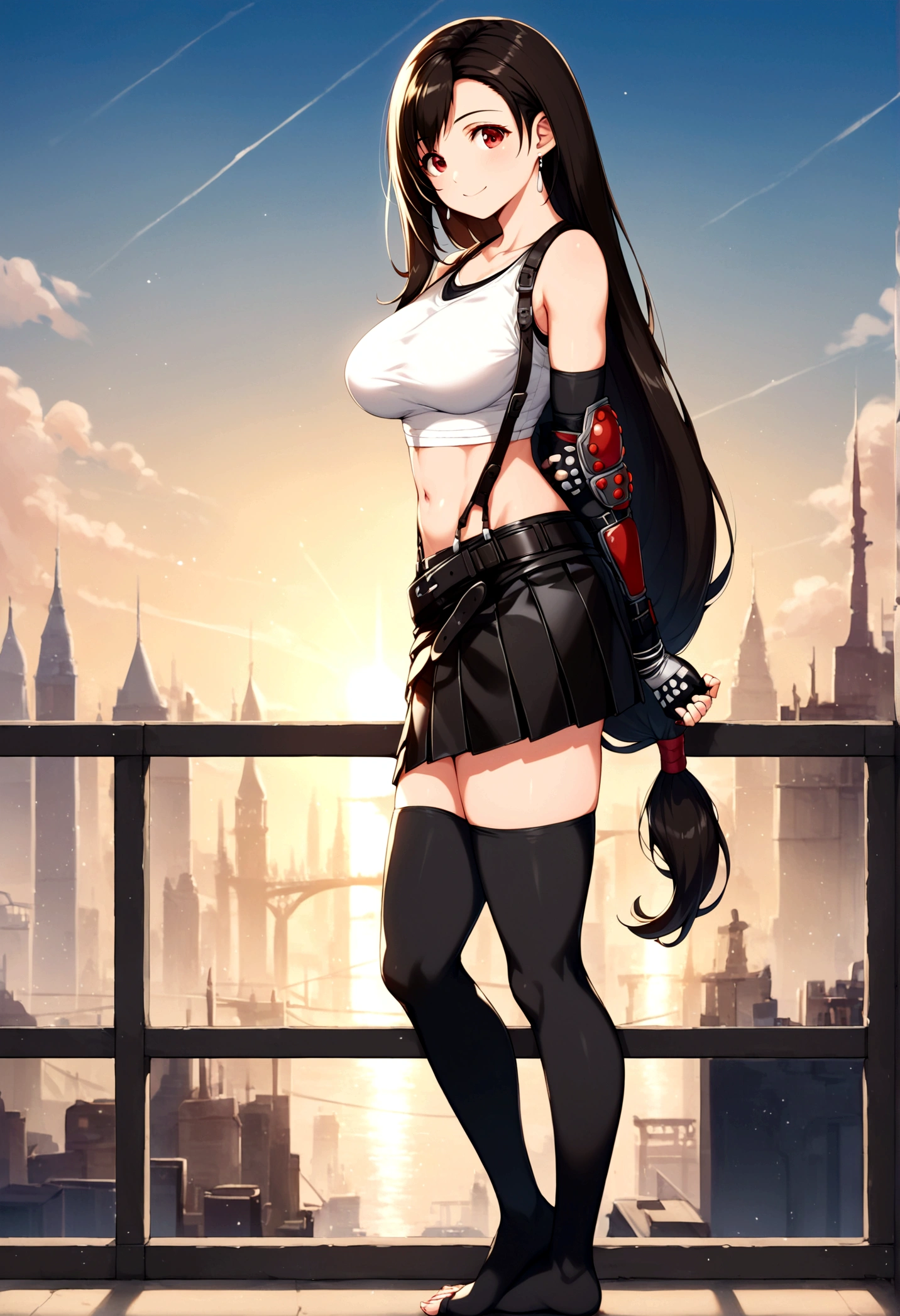score_9,score_8_up,score_7_up,BREAK source_anime, (cute little).photorealistic anime girl render, realistic anime 3 d style.8K,top-quality,Real Image,intricate detailes,超A high resolution,masterpiece, best quality, (recent), perfect anatomy, very aesthetic,photorealistic,.straight view,,mediumshot,Solo,1girl, tifa lockhart, final fantasy,black hair, low-tied long hair, red eyes, bangs, white tank top,gap,(High exposure),the ribs,,(belt, pleated skirt, thighhighs, elbow fingerless gloves, elbow pads, midriff, navel,suspenders.skirt),slender waist,slender hip,(large_breast:1.3),light smile,outdoor,star sky,night, depth of field、natural soft light,profetional lighting,