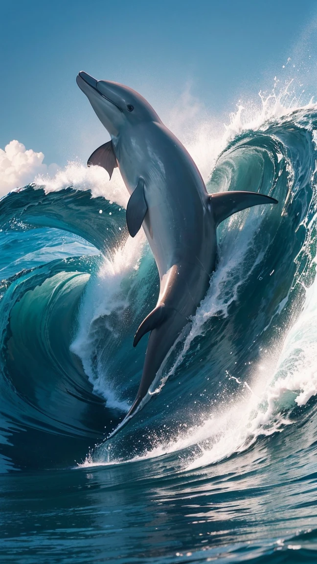 4K detailed photography. "Dolphin riding a surfboard in a tube of big ocean waves, full body, vivid colors, high definition, realistic."