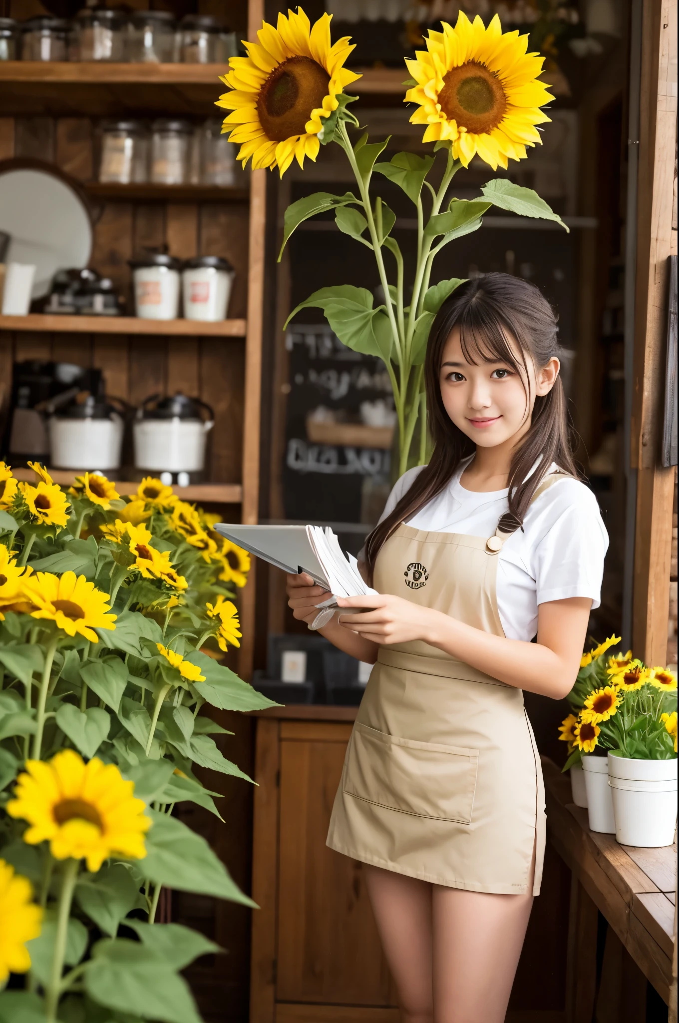 A 20-year-old girl working at a flower shop(Wearing a miniskirt and apron)have a sunflower