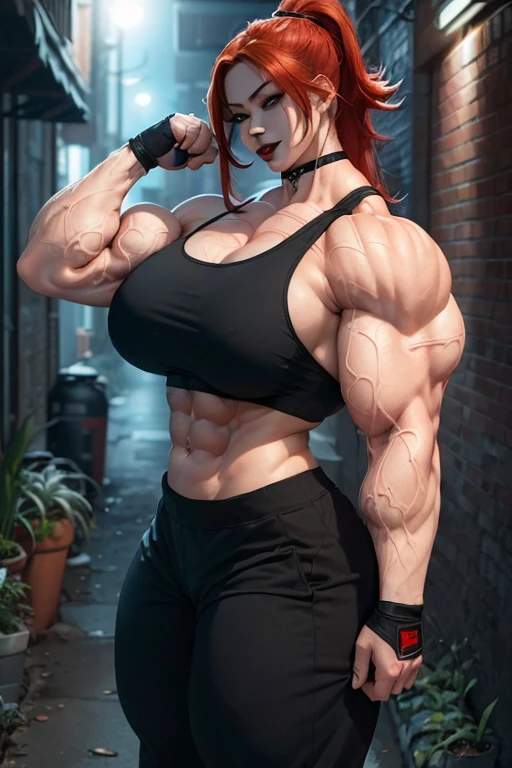 ((((Massive, beautiful, buff, pale white skinned asian woman with red hair, black lipstick, ginormous bulky muscles and wearing a black sports bra with jogging pants)))), ((close-up view)), massive muscles, massive biceps, hyper muscle shoulders, massive muscle arms, vascular shoulders, hyper muscle triceps, long hair, yellow eyes, choker, sneakers, (in a gritty alley at night), long fingerless gloves, (evil smile), hyper vascular arms, hyper muscles arms, hyper muscle legs, massive arms