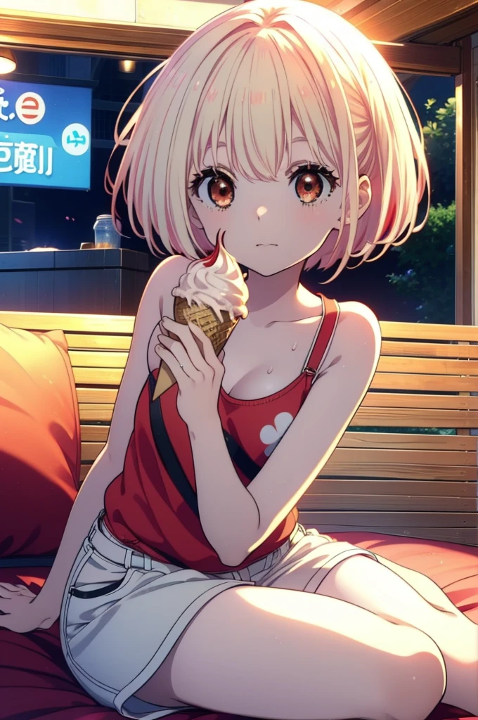 Chisato Nishikigi, short hair, bangs, Blonde, (Red eyes:1.5), Bobcut,smile,Open your mouth,Sweat,Red Tank Top,Shorts,barefoot,barefoot,Sitting on the sofa,Holding an ice cream in one hand,Eating ice cream,Daytime,True Summer,whole bodyがイラストに入るように,
break outdoors,room,
break looking at viewer, whole body,
break (masterpiece:1.2), Highest quality, High resolution, unity 8k wallpaper, (figure:0.8), (Beautiful attention to detail:1.6), Highly detailed face, Perfect lighting, Highly detailed CG, (Perfect hands, Perfect Anatomy),