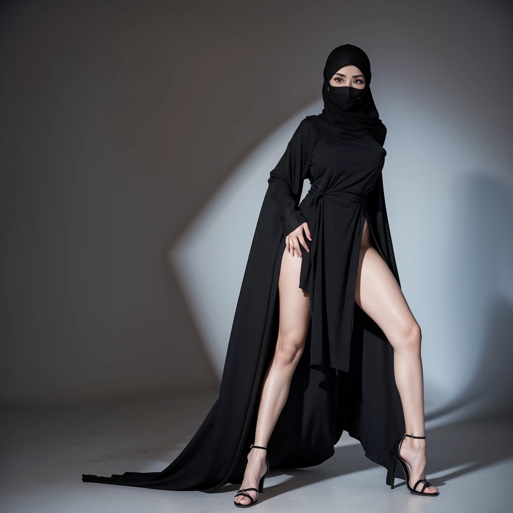 4k, RAW photo, best quality, masterpiecel1.4 , realistic, photo-realistic:1.37, photo of a women in black hijab, 1girl, lighting, wearing black fit abaya, wearing niqab, big bumb, whole body, sexy girl, mature bodies, white girl, White high heels, legs, showing thighs, Sexy pose, mature bodies, big body, White high heels, big breast, big boobies, malay girl, 