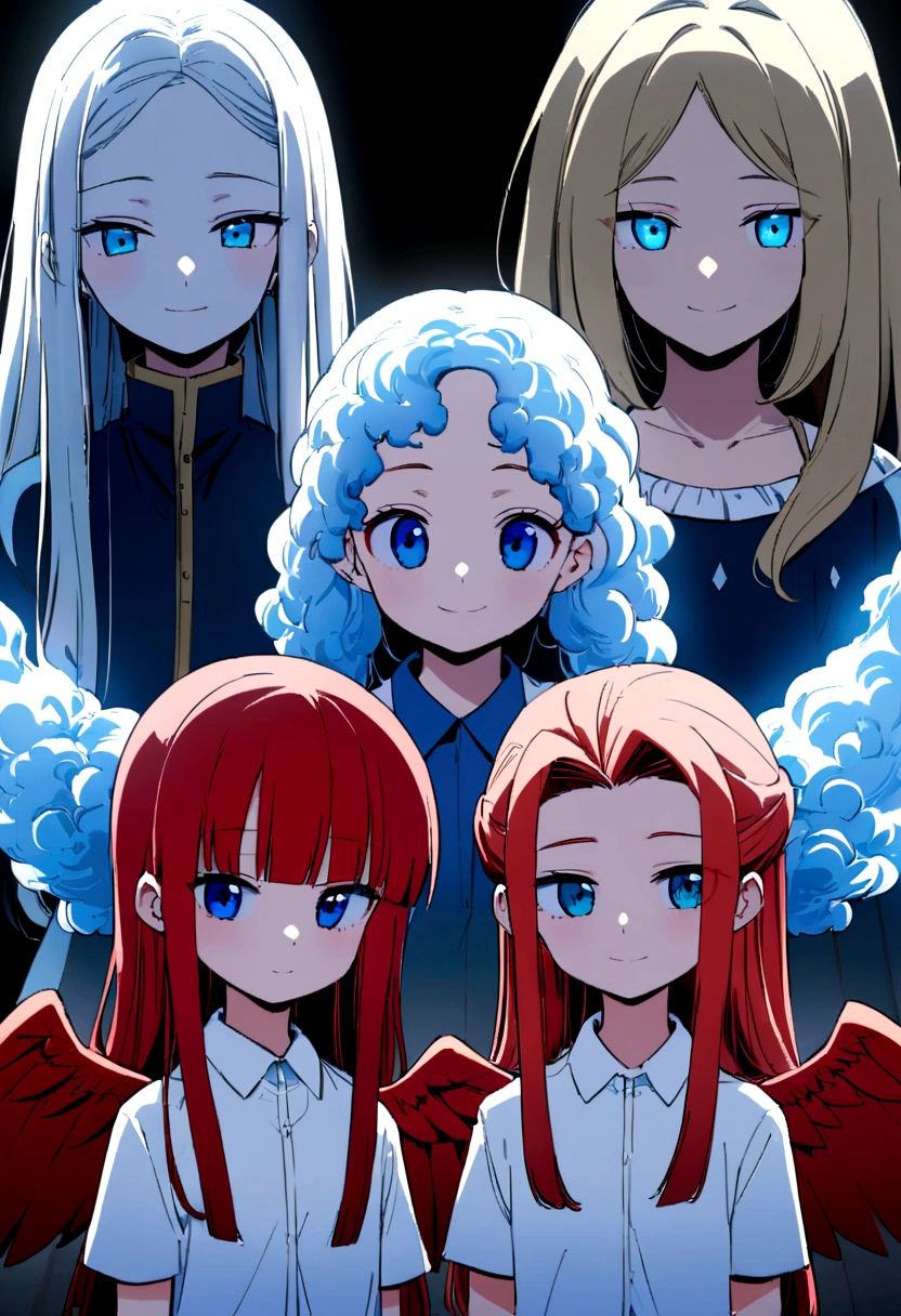 Boku no hero anime panel with long hair half white and blue with one blue eye and the other red, delicate bangs covering the forehead with locks going up to the neck, age:14 years style: gentle shy childlike appearance smiling height 1,54 power: blue fire and decay and red wings behind