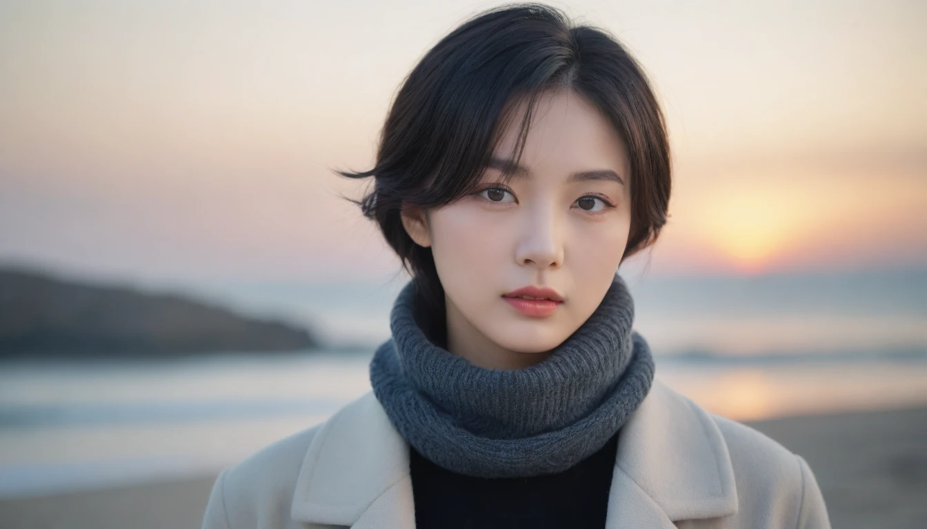 8K, 超high resolution, best quality, masterpiece, surreal, painting,A three-part method, 성숙한 1 woman, (16 years old:1.3), Pretty Woman, Cute face, Beautiful Eyes in Every Detail,Japanese female announcer,(wearing a long winter coat and scarf、Close-up of thin black double-sided updo:1.5)、(The girl turned around with a very sad expression., Her hair blowing in the wind on a winter beach:1.5)、(blurred background:1.5)、(red sky at sunset:1.5)、(complete anatomy:1.5)、(full hand:1.3)、(full finger:1.3)、realistic、生painting、tabletop、best quality、high resolution、delicate and beautiful、perfect face、beautiful details、fair skin、real human skin、((thin legs))、bold pose,Super cute supermodel、Please look closely at the camera 、vivid details、detailed、surreal、빛과 painting자,strong light,fashion magazine cover,thin lips, Short hair,1 woman, up to the waist
