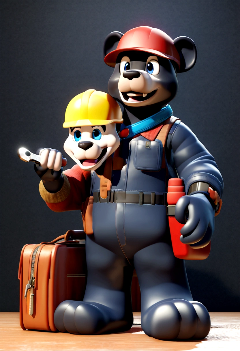a Disney Pixar movie poster showing a cute black bear smiling. The black bear is dressed as a tradesman and is furry. The black bear also has a bright blue collar around its neck and has colored eyes. The black bear is also holding a wrench on its left hand and a tool bag on its right hand. The background is white. 3D-rendering
