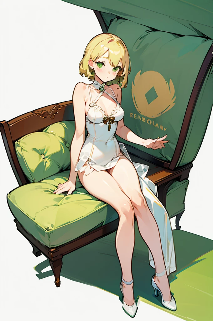 1girl, white lingerie, green eyes, blonde hair, thin body type, pin-up pose, chair, cozy environment, character design, white background, fullbody, tease, cute girl, 