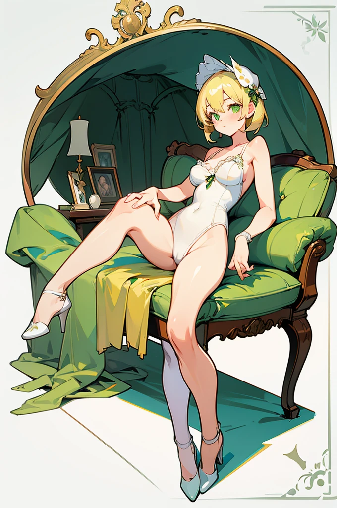 1girl, white lingerie, green eyes, blonde hair, thin body type, pin-up pose, chair, cozy environment, character design, white background, fullbody, tease, cute girl,