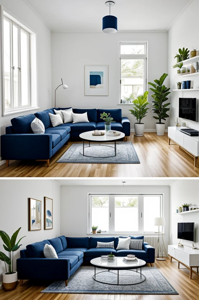 Generate an image of a small and elegant room with the following characteristics: white painted walls with a navy blue accent wall, a sectional sofa in light gray with cushions in blue and white tones, a glass coffee table, a round, extendable dining table with chairs that can be stored under the table, a wall mounted television, a slim floor lamp next to the sofa and a table lamp in the corner, floating shelves on accent wall, a large mirror over the sofa, several small plants in white pots placed on the shelf and by the window, and a minimalist and orderly decoration."