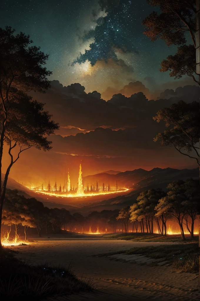 Oil+ink painting, of a night pastoral in a industrial forest, is surrounded by fire, sand beaches, a detailed matte painting, by Makoto Shinkai, symmetric matte painting