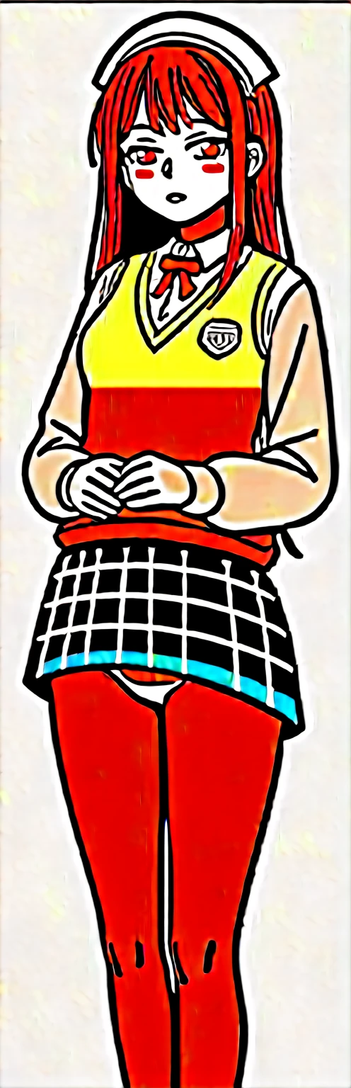 (masterpiece, best quality:1.2), 1 woman, alone,standing_divided,
Yuki Mikan, brown eyes, brown hair, headdress,long hair,green plaid skirt, Sainan High School , , white shirt, Yellow sweater vest,thin panties ,stand with legs up