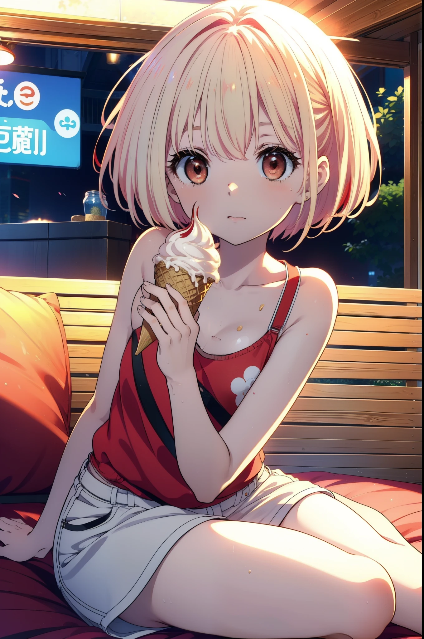 Chisato Nishikigi, short hair, bangs, Blonde, (Red eyes:1.5), Bobcut,smile,Open your mouth,Sweat,Red Tank Top,Shorts,barefoot,barefoot,Sitting on the sofa,Holding an ice cream in one hand,Eating ice cream,Daytime,True Summer,whole bodyがイラストに入るように,
break outdoors,room,
break looking at viewer, whole body,
break (masterpiece:1.2), Highest quality, High resolution, unity 8k wallpaper, (figure:0.8), (Beautiful attention to detail:1.6), Highly detailed face, Perfect lighting, Highly detailed CG, (Perfect hands, Perfect Anatomy),