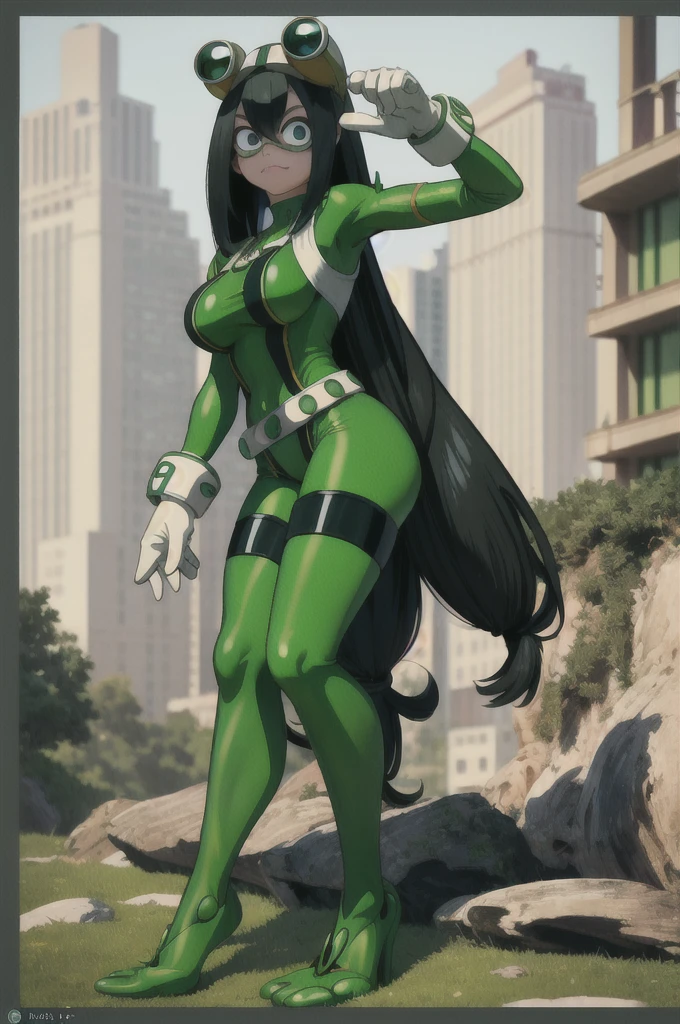 (masterpiece, best quality;1.3), extremely detailed ,ultra detailed, 1girl, solo,  looking at viewer,detailed skin,  crawling, full body, standing, asui tsuyu, low-tied long hair, :p,white gloves, green bodysuit, hair rings,goggles, city, extra large breasts