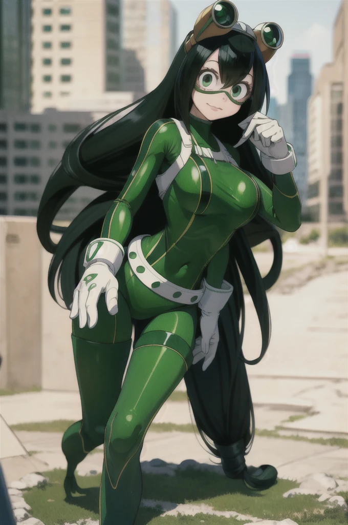 (masterpiece, best quality;1.3), extremely detailed ,ultra detailed, 1girl, solo,  looking at viewer,detailed skin,  crawling, full body, standing, asui tsuyu, low-tied long hair, :p,white gloves, green bodysuit, hair rings,goggles, city, extra large breasts