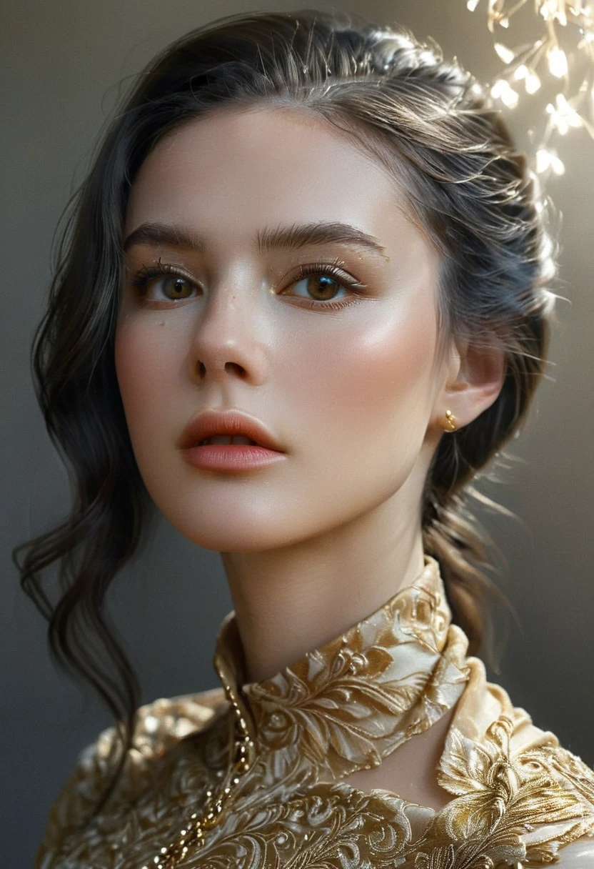 a beautiful detailed girl with glowing skin, long dark hair, stunning eyes, elegant facial features, a proud expression, intricate clothing, posing gracefully in a dramatic chiaroscuro lighting environment, digital art, cinematic lighting, cinematic composition, highly detailed, hyper realistic, photorealistic, unreal engine, 8k, intricate details, impeccable rendering, masterpiece, award winning