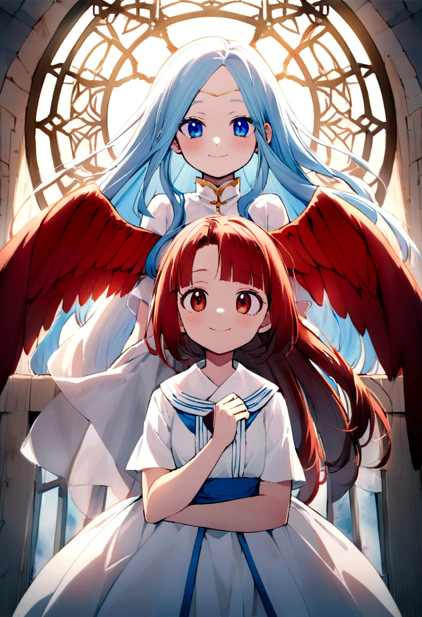 Boku no hero anime one with long hair half white and blue with one blue eye and the other red, delicate bangs covering the forehead with strands going up to the neck, age: style: gentle shy childlike appearance smiling height 1,54 power: blue fire and decay and red wings behind