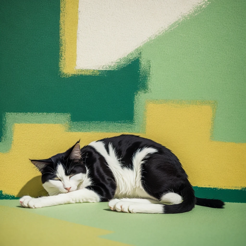 Cat,Sleeping, Sleeping with your eyes closed,quietな,whole body,soft, green,pale,Thick textured paint, quiet,Abstract art,emotion,emotion,high resolution,8K , Cat,, Gentle expression