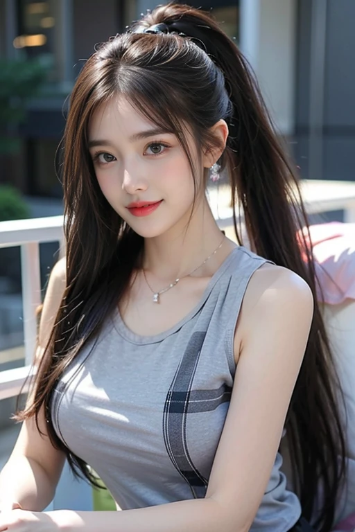Highly detailed,8k resolution,Ultra high resolution,Beautiful girl, 21 years old, Mature girl, cute young woman,ponytail, long hair,earring,necklace,clear, colorful eyes,smooth hair,collarbone,Exquisite and perfect with a beautiful face and big eyes.,Long eyelashes,Sweet eyes and lying silkworms,smile,stadium,Dynamic angle,Ultimate image quality,highest accuracy degree,Precise and perfect human structure,full body image,Colorful plaid pleated skirt., ((colorful tank tops)),