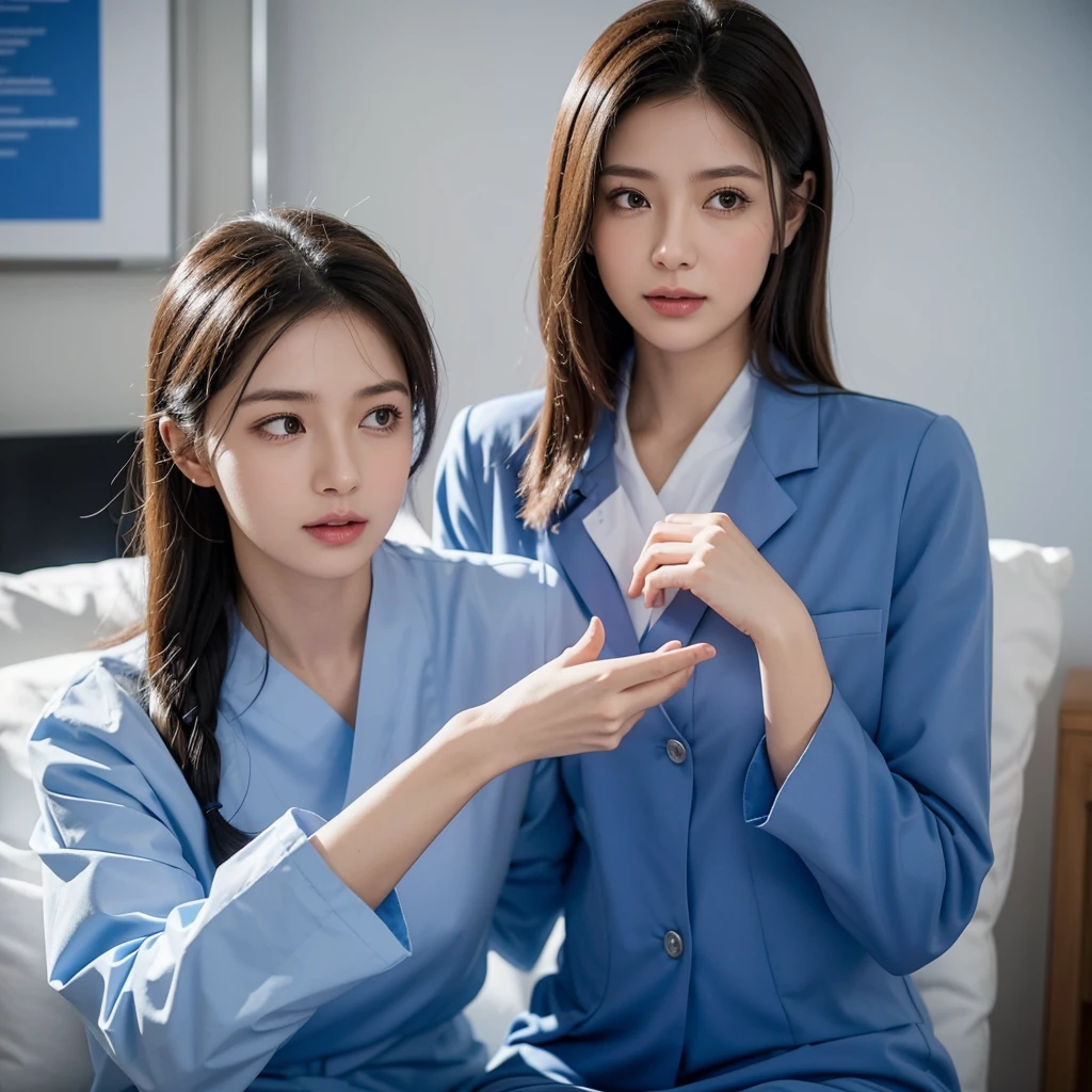 Create an image depicting a woman in a blue nurse uniform who is overly considerate of others. Show her expressing kindness and empathy, emphasizing her gentle demeanor and professional qualities through her facial expression and gestures. Set the scene in a calm background that suggests a medical environment, highlighting her compassion. Ensure the composition makes her warmth and caring nature stand out.