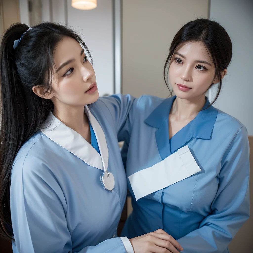 Create an image depicting a woman in a blue nurse uniform who is overly considerate of others. Show her expressing kindness and empathy, emphasizing her gentle demeanor and professional qualities through her facial expression and gestures. Set the scene in a calm background that suggests a medical environment, highlighting her compassion. Ensure the composition makes her warmth and caring nature stand out.