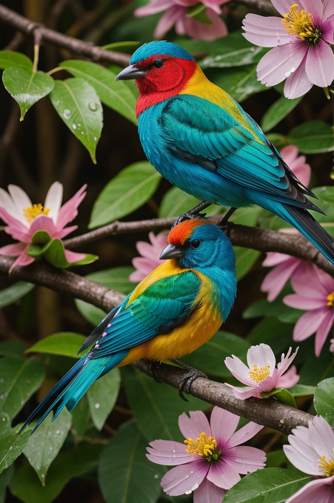 A stunning cinamatic photography of Outside a beautiful colourful bird sitting on a branch of tree .the tree is fullnof vibrant colour of flowers.the birs sitting under a bog flower .there is rain .and rain drop in on the bird and the flowers in full size