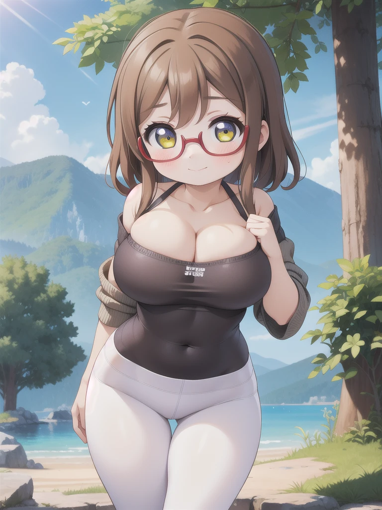 master-piece, bestquality, 1girls,, View viewers from front, HD, slight smile, big tits, cleavage, tights cloth, , tiny body, outdoor, mountain, wear glasses, under tits cleavage, look down, sweater, stand up, kunikida hanamaru, paizuri invitation,