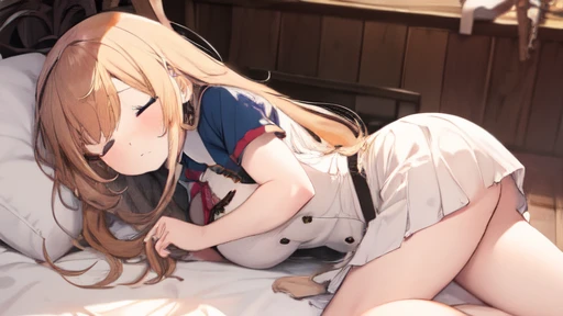 floor、Short skirt，Clothes with intricate details，white underwear，Swimsuit，one person，blond，Sexy、Deep sleep、long hair、Stockings