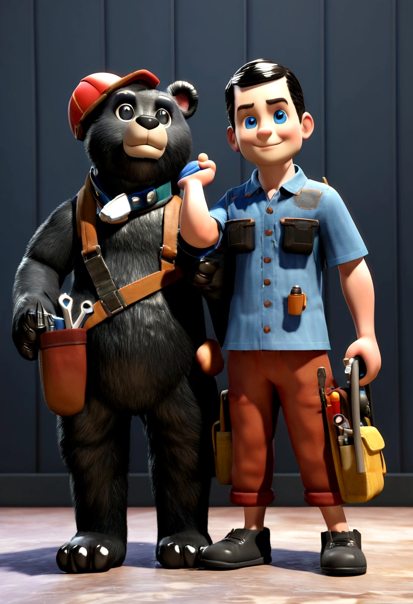 a Disney Pixar movie poster showing a cute black bear smiling. The black bear is dressed as a tradesman and is fluffy. The black bear also has a bright blue collar around its neck and has colored eyes. The black bear is also holding a wrench on its left hand and a tool bag on its right hand. The background is white. 3D-rendering