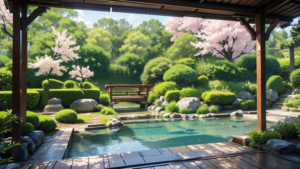 Imagine a serene Japanese garden at dawn. The open window in Sakura Chihiro's room reveals a charming and harmonious landscape. The garden is carefully planned, with a stone path that winds through a sea of ​​soft green moss, punctuated by stone lanterns that add a touch of tradition to the setting.

To the left is a tranquil lake, its crystal clear waters reflecting the morning sky tinged with pink and orange. Small colorful carp swim gently, creating ripples on the surface of the water. A red wooden bridge, with elegant arches, crosses the lake, inviting you to stroll and contemplate.

Near the lake, a group of cherry trees in full bloom display their pale pink flowers, some petals gently falling and floating in the air, creating a spectacle of ephemeral beauty. The gentle sound of leaves moving in the breeze and the occasional birdsong complete the serenity of the garden.

To the right, a dense bamboo grove rises, its tall, slender stems swaying gently in the wind. The rhythmic sound of bamboo moving creates a natural melody that blends with the gentle sound of a small stream running through the garden. The stream is lined with smooth rocks and moss, and small waterfalls add a relaxing sound of running water to the ambiance.

Further back, a hill covered in vegetation offers a panoramic view of the garden. At the top of the hill, a small traditional tea pavilion, with its curved roof and wooden columns, stands out against the morning sky. The light smoke of a rising incense adds a gentle fragrance to the air, creating an environment of calm and meditation.