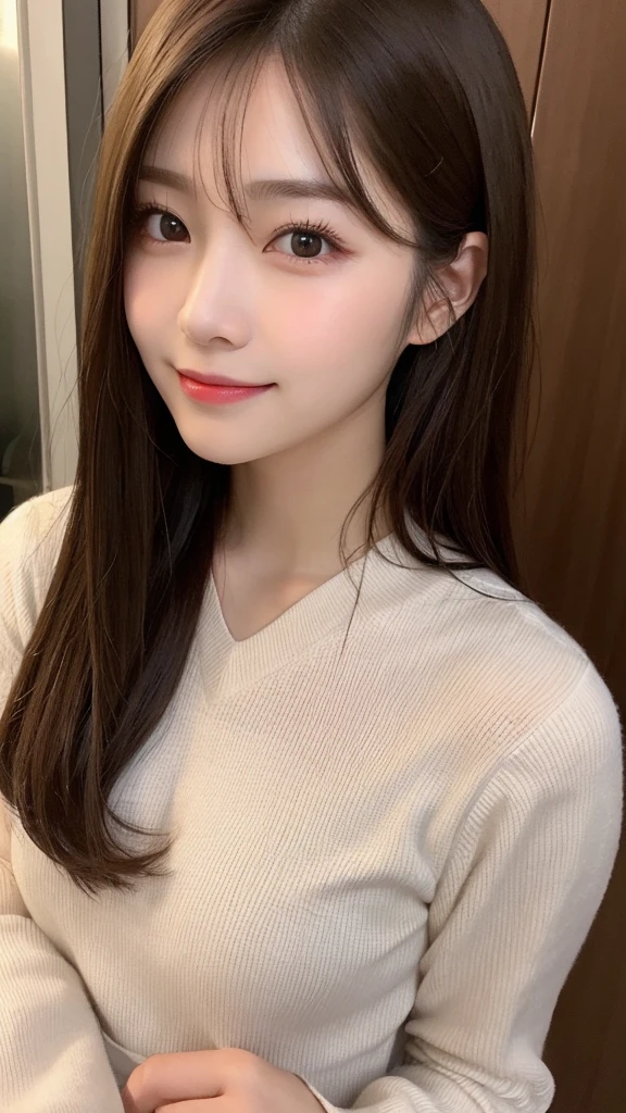 Tabletop, Highest quality, shape, Very detailed, finely, High resolution, 16K, Perfect dynamic composition, Straight hair, Medium Hair, Brown Hair,Natural color lip, smile, 20歳のgirl、cute、beautiful、完璧でbeautiful顔, beautiful , Slim face and body, Elegant face, KPOP idol faces、Japanese idol faces、Small face、Big eyes, Brown eyes, Droopy eyes, 緻密でbeautiful目, girl, Front face, Upper Body, Random outfit