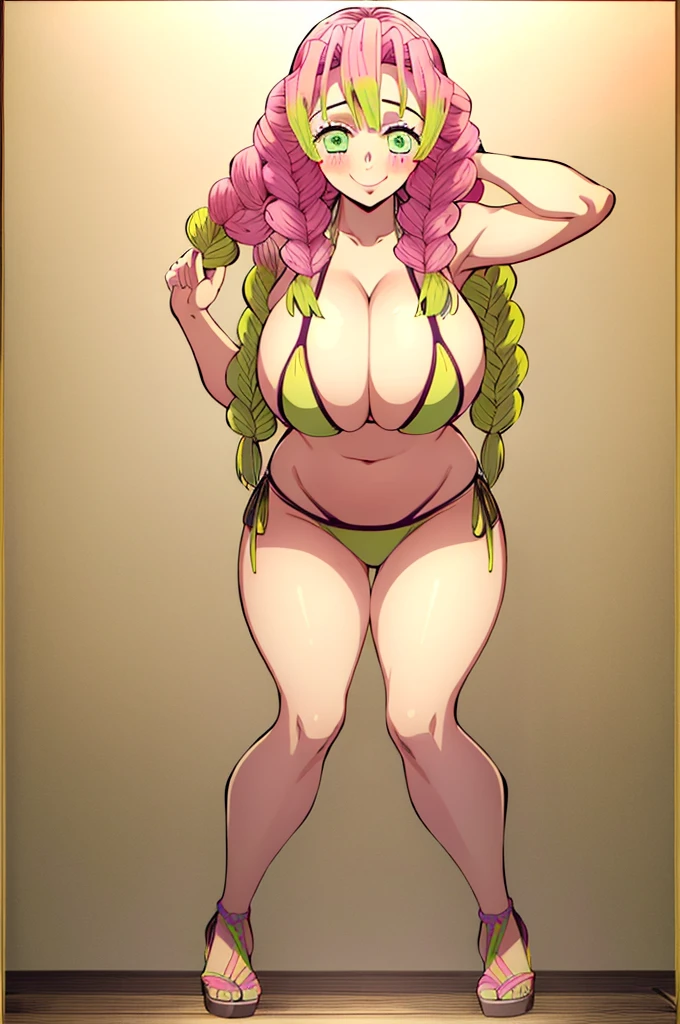 (masterpiece, best quality), intricate details,
MitsuriKanroji, kanroji mitsuri, 1girl, solo, long hair, winking, green eyes, pink hair, green hair, twin braids, smile, cute smile, blushed smile, blush, blushing, large breast, huge breasts, bikini top, collarbone, neck, bare shoulders, yellow bikini top, cleavage, full body, long legs, cowboy shot, plain background, white background, photoshoot, perfect shot, perfect framing, full body shot, hands behind head,