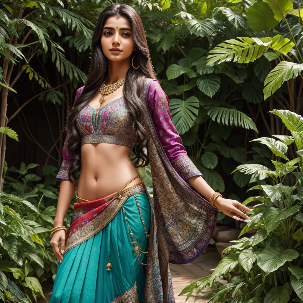 A beautiful Indian girl wearing a colorful skirt, detailed clothes, different types of fabrics and patterns, intricate jewelry, long flowing hair, serene expression, outdoor garden setting, natural lighting, highly detailed, photorealistic, 8K, studio quality, masterpiece