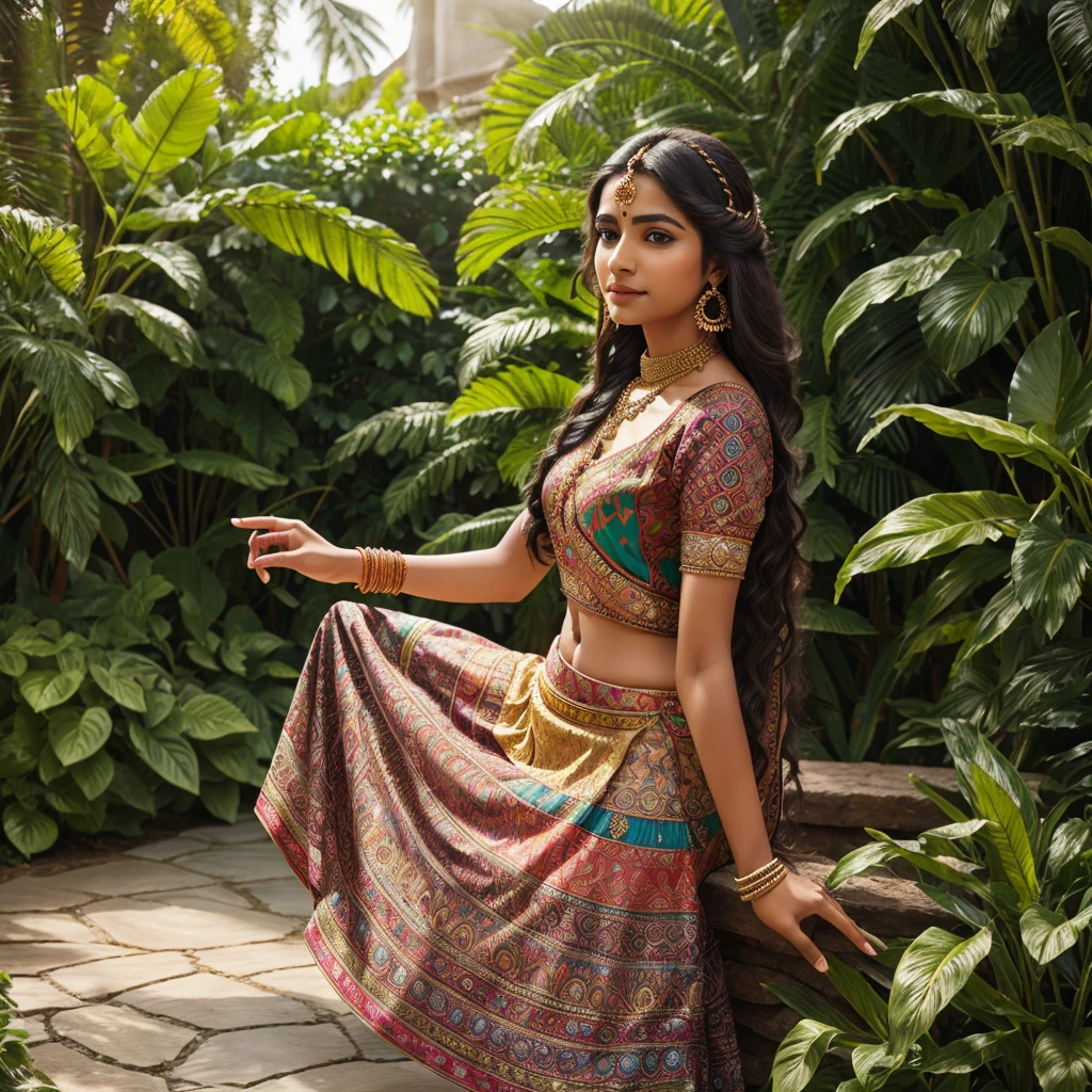 A beautiful Indian girl wearing a colorful skirt, detailed clothes, different types of fabrics and patterns, intricate jewelry, long flowing hair, serene expression, outdoor garden setting, natural lighting, highly detailed, photorealistic, 8K, studio quality, masterpiece