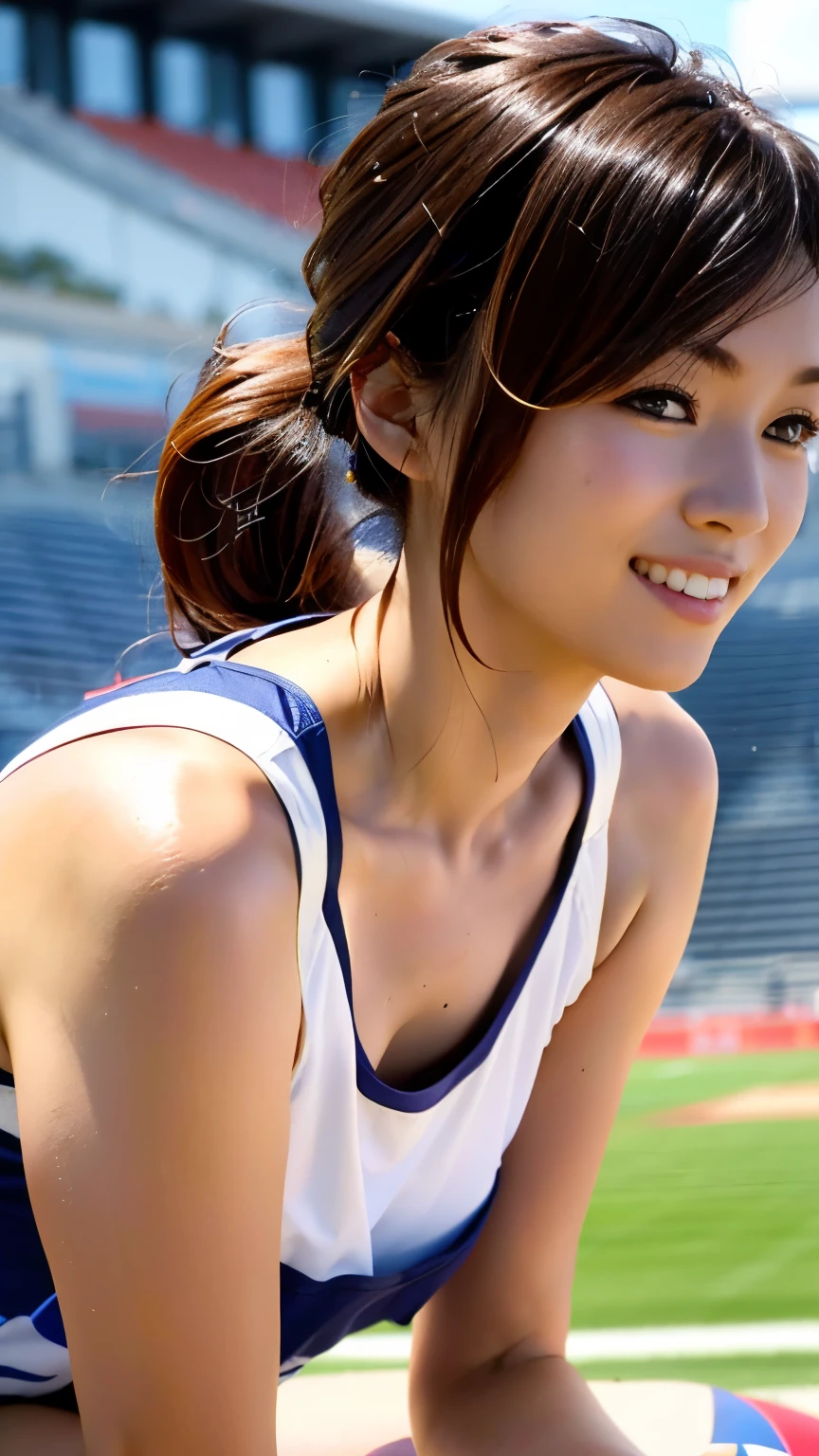 (((Perfect anatomy with careful depiction of perfect limbs with no excess or deficiency, taking into account the direction of bending of the joints))),The grandstands were filled with spectators,(((A beautiful Athletics player with outstanding style is running seriously with wrinkled eyebrows on the field of a large Athletics stadium filled with spectators))),(((The uniform consists of a red and white tankini shirt with the JPN logo in large letters on the chest and navy blue high-cut bloomers.,Wearing spikes))),(((Capture a dynamic, full-body snapshot of your teeth-gritting sprint))),((A beautiful rugby player wearing a green uniform with white horizontal stripes and a thick headband looks ahead)),A man crouching down and taking a break, covered in sweat, right after running.,((眉間にしわを寄せ歯軋りながら走りきったあとひざと手をついて肩で息をしている動きの本質を捉えた側面からの4K動body撮影)),All in one,(Skin Dentition:1.5),Realistic and realistic,(masterpiece:1.5),Athlete Concept Art,Intricate details,Highly detailed and realistic,Octane Rendering,4K,Real Engine,Dynamic pose, Highest quality,High resolution,(Realistic Face:1.1),(Surreal:1.1), ((full_body)),((Expressing the dynamism that emanates from the whole body)),A slim, muscular, firm, perky hip, and coke bottle body,(4K full body shot from the side),(Shiny skin:1.2),(((Hairstyle))),(((Perfect hands))),(Highly detailed background),((A 400m oval course divided by white lines on a brown rubber chip track,A sunny field,Background of a stadium full of spectators)),((Beauty condensed in 1girl)),((Beautiful eyes filled with light,High quality eyes,High quality face)),(Shiho wearing a necklace),(((The large amount of dripping sweat is dazzling))),(Ponytail flutters in the wind),casting ,((Dramatic beauty)),Beautiful bokeh with deep depth of field,4K,Gothic,4K Digital SLR Camera,Fujifilm XT3 style,(Delicate eyes and face),Professional Perspective,Amazing details,Beauty condensed in 1girl,繊細でHigh noseを持つ美しい顔,High nose, Clear sky-blue eyes that glorify the light, Glossy red lips,(((Condensing beauty of another dimension into a single photograph))),