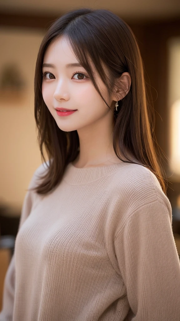 Tabletop, Highest quality, shape, Very detailed, finely, High resolution, 16K, Perfect dynamic composition, Straight hair, Medium Hair, Brown Hair,Natural color lip, smile, 20歳のgirl、cute、beautiful、完璧でbeautiful顔, beautiful , Slim face and body, Elegant face, KPOP idol faces、Japanese idol faces、Small face、Big eyes, Brown eyes, Droopy eyes, 緻密でbeautiful目, girl, Front face, Upper Body, Random outfit