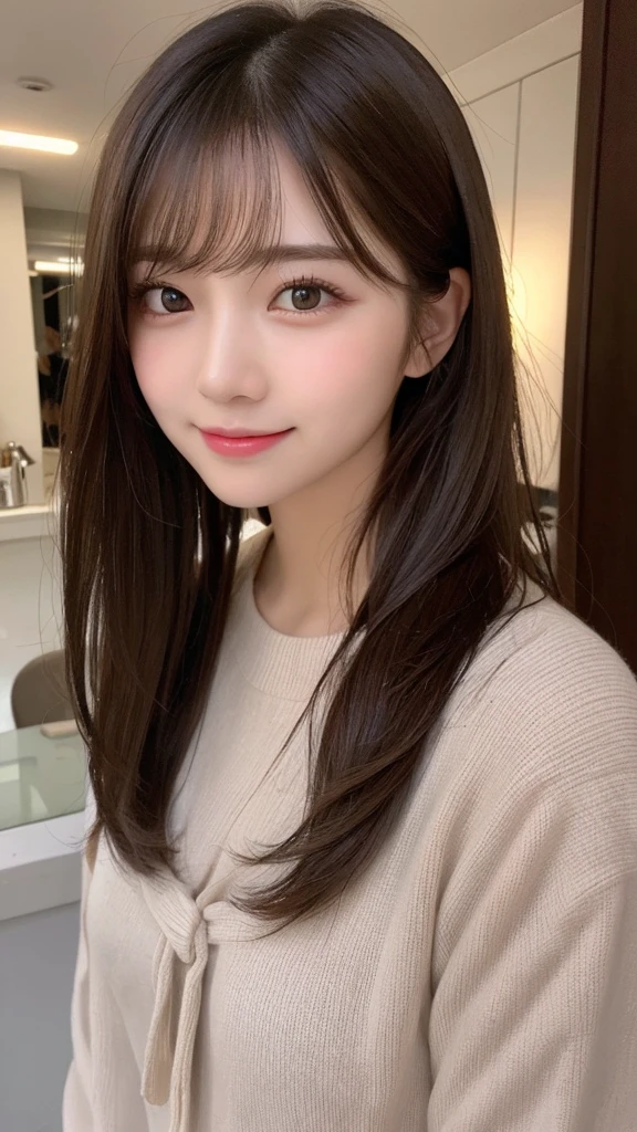 Tabletop, Highest quality, shape, Very detailed, finely, High resolution, 16K, Perfect dynamic composition, Straight hair, Medium Hair, Brown Hair,Natural color lip, smile, 20歳のgirl、cute、beautiful、完璧でbeautiful顔, beautiful , Slim face and body, Elegant face, KPOP idol faces、Japanese idol faces、Small face、Big eyes, Brown eyes, Droopy eyes, 緻密でbeautiful目, girl, Front face, Upper Body, Random outfit