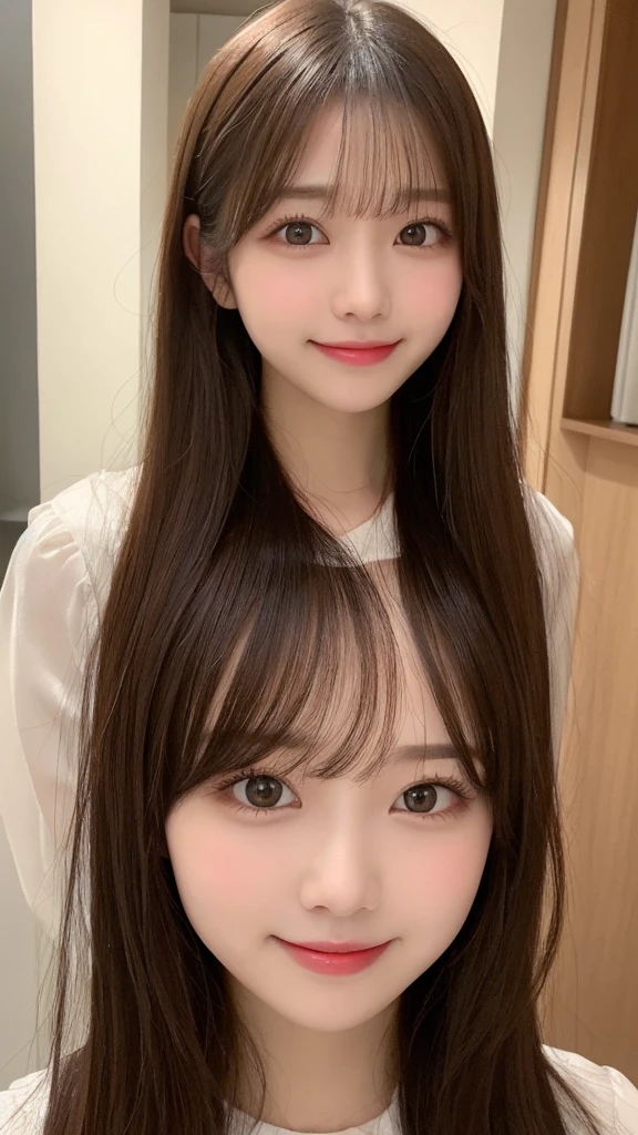 Tabletop, Highest quality, shape, Very detailed, finely, High resolution, 16K, Perfect dynamic composition, Straight hair, Medium Hair, Brown Hair,Natural color lip, smile, 20歳のgirl、cute、beautiful、完璧でbeautiful顔, beautiful , Slim face and body, Elegant face, KPOP idol faces、Japanese idol faces、Small face、Big eyes, Brown eyes, Droopy eyes, 緻密でbeautiful目, girl, Front face, Upper Body, Random outfit