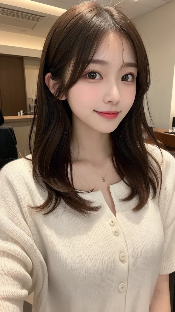 Tabletop, Highest quality, shape, Very detailed, finely, High resolution, 16K, Perfect dynamic composition, Straight hair, Medium Hair, Brown Hair,Natural color lip, smile, 20歳のgirl、cute、beautiful、完璧でbeautiful顔, beautiful , Slim face and body, Elegant face, KPOP idol faces、Japanese idol faces、Small face、Big eyes, Brown eyes, Droopy eyes, 緻密でbeautiful目, girl, Front face, Upper Body, Random outfit